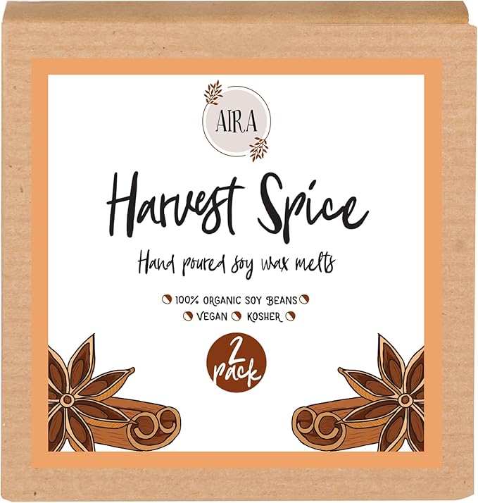 Aira Fall Wax Melt - Organic, Vegan, Kosher, Scented Soy Wax Cubes w/Essential Oil Blends - No Chemical 100% Soy Wax Melts for Electric/Tealight Melter - Hand-Poured Soy Tarts - Harvest Spice -2 Pack
