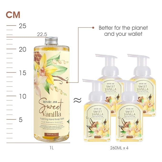 ROMIIE ZOI Foaming Hand Soap Refill Gift Set – Sweet Vanille Scent – 3 Pack (1000ML Each) with Dispenser, Gentle & Moisturizing Plant-Based Formula – Bulk Refill Bottles for Bathroom & Kitchen Use