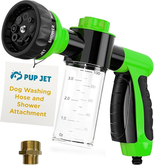 The Original Pup Jet Dog Washing Hose Attachment with Soap Dispenser – 8-in-1 Fur Sweep Shower Attachment & Shampoo Sprayer for Dog Wash, Bath, and Grooming Perfect Pet Care