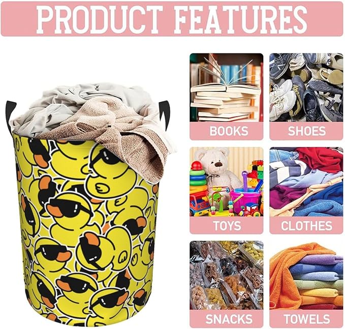 Cute Rubber Ducks With Funny Sunglasses Laundry Hamper Bag With Waterproof Liner - Round Laundry Basket Foldable Clothes Storage Organizer For Bathroom Bedroom Nursery Dorm, M-19.6"X 15.7"