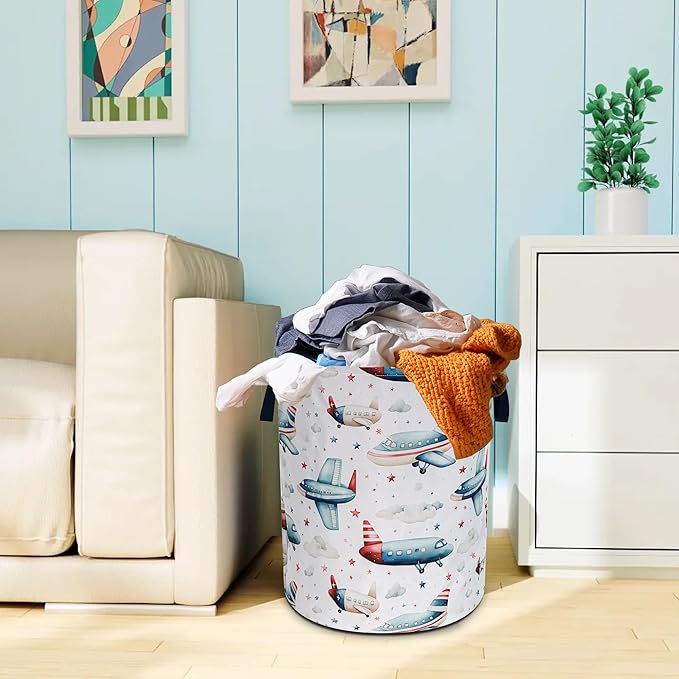 Airplane Laundry Basket Oxford Cloth Aircraft Cartoon Laundry Hamper With Handle Foldable Portable Clothes Storage Basket 18.9 X 16.5 In Storage Bag For Laundry Room/Bathroom/Bedroom/Dormitories