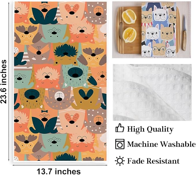 3 Pcs Cute Colorful Animal Kitchen Towels, Cartoon Dog Pattern Decorative Absorbent Microfiber Dish Cloth Tea Towel, Waffle Soft Hand Towels for Farmhouse Home Bathroom, Dog Lover Gifts