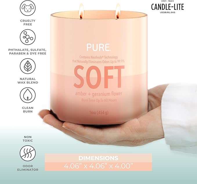 Candle-Lite Pure Amber & Geranium Flower Odor Eliminating Scented Candles, Neofresh Technology Eliminates 99.9% of Odors, 16 oz 2-Wick Jar, Proudly Poured in The USA, Up to 60 Hours Burn Time