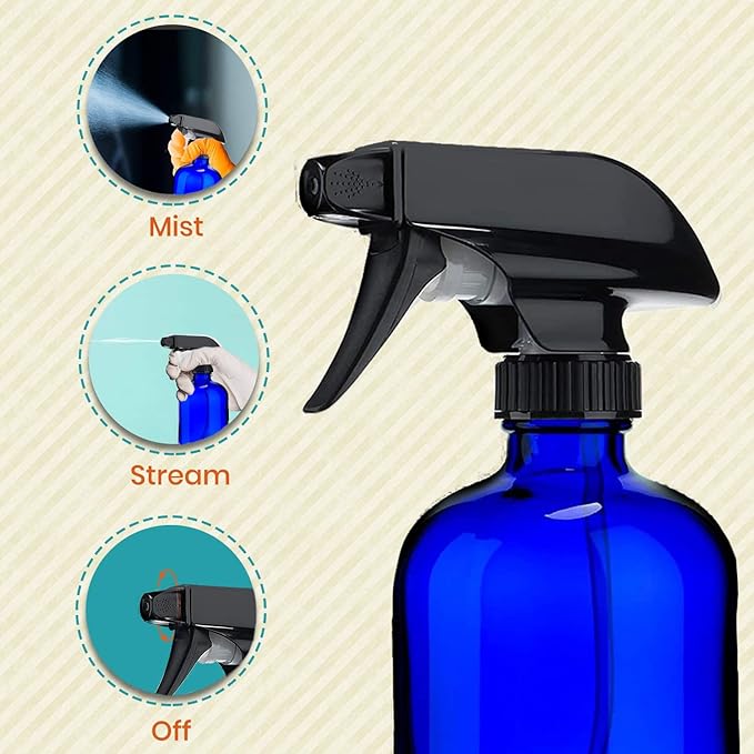 Blue Glass Spray Bottles For Cleaning Solutions (4 Pack) - 16 Ounce, Refillable Sprayer for Essential Oil, Water, Kitchen, Hair. Durable Black Trigger Sprayer w/Mist and Stream Settings (Blue)