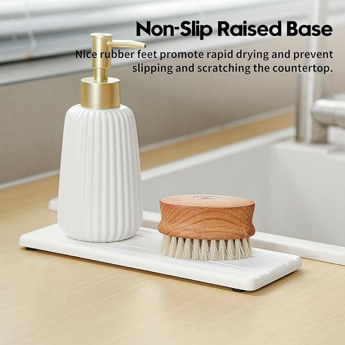 3 Pack Stone Dryin Tray, Water Absorbing Diatomite Stone Sink Mat for Kitchen & Bathroom Counter, Soap Dish Vanity Caddy,Sponge Holder Organizer, White - 2pcs of 4.5"x 3.5" and 1pc of 9"x 3.5"