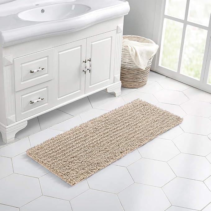 Walensee Bathroom Rug Non Slip Bath Mat (44x24 Inch Beige) Water Absorbent Super Soft Shaggy Chenille Machine Washable Dry Extra Thick Perfect Absorbant Best Large Plush Carpet for Shower Floor