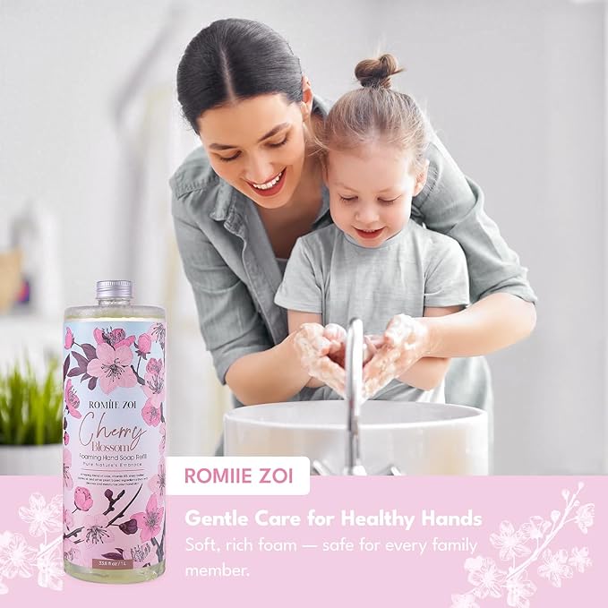 ROMIIE ZOI Cherry Blossom Foaming Hand Soap Refill Gift Set – 3 Pack*33.8 Fl Oz with Refillable Dispenser, Refreshing Floral Scent, Moisturizing & Chemical-Free for Bathroom, Kitchen, Sensitive Skin