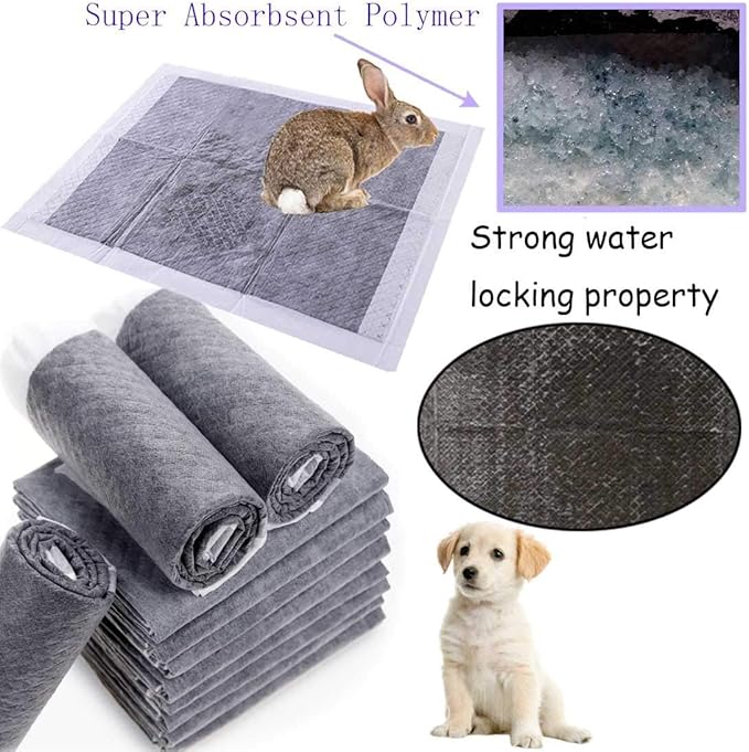 kathson Rabbit Pee Pads Disposable Cage Liners 100PCS All Absorb Black Carbon Odor Control Bunny Training Accessories with Quick-Dry Surface for Puppy Guinea Pig Kitten Hedgehog Small Animals
