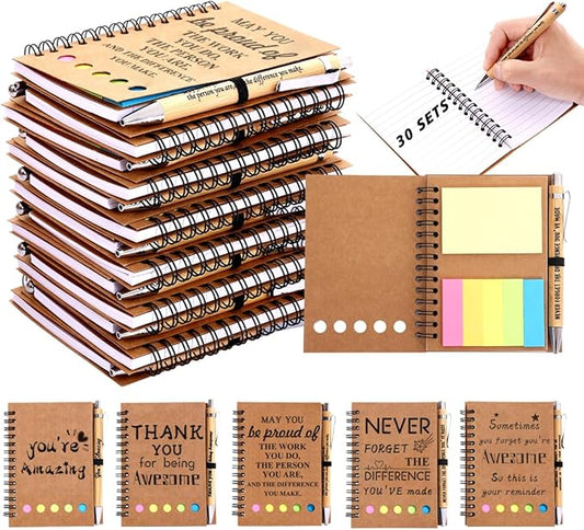 30 Sets Employee Appreciation Gifts Bulk Inspirational Spiral Notebook with Sticky Note and Motivational Bamboo Pens Thank You Gifts for Employees Coworkers,Teachers,Nurse,Office Staff,Team,Volunteer