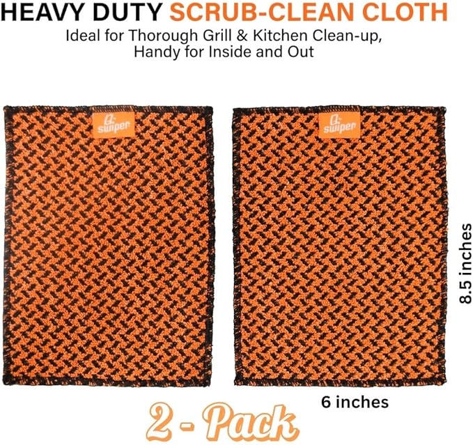 Q-Swiper Scrub-Clean Reusable Grill Cleaning Cloth - 2 Pack | Large Non-Scratch Cloth with Micro-Coated Fibers | Heavy-Duty for BBQ | Cleaner for Pots, Cast Iron Skillets, Grill Basket & Accessories