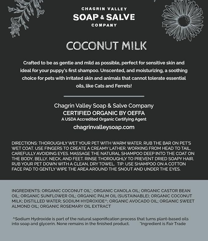 Chagrin Valley Soap & Salve Organic Natural Dog & Pet Shampoo – Unscented & Moisturizing for Dogs with Dry, Sensitive or Itchy Skin – Coconut Milk Conditions the Coat - 3.8 OZ Bar 3PK