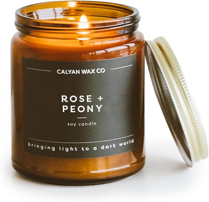 Calyan Wax Co. Soy Wax Candle, Rose + Peony Scented Candle, 57 Hour Burn Time, Aromatherapy Soy Candles, Non Toxic & Vegan Soy Wax, Amber Glass Jar Scented Candles, 7.2oz