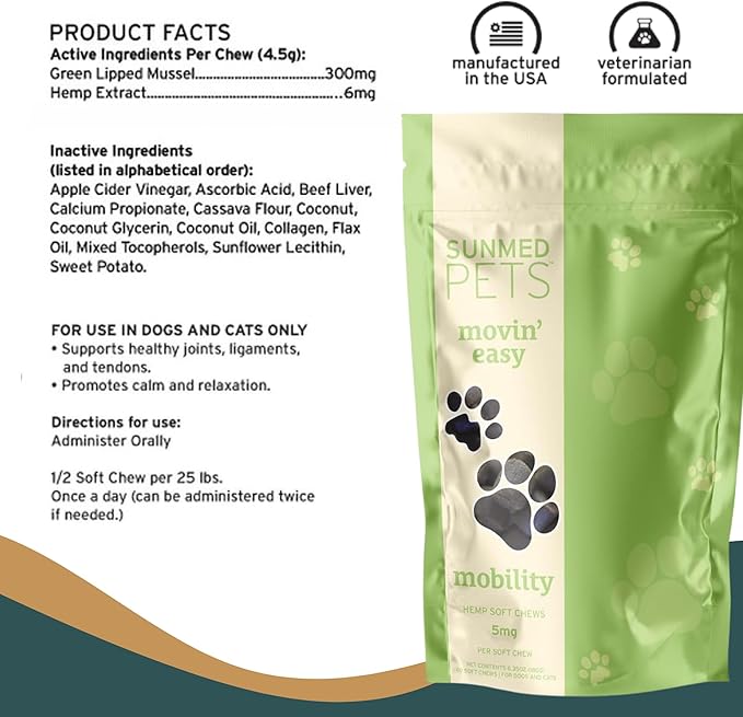 Sunmed Movin' Easy Hemp Pet Chews for Joint Health & Mobility – Omega-3, Green Lipped Mussels, 5mg Hemp Extract – Supports Flexibility & Comfort | Beef Liver & Sweet Potato, 40 Count