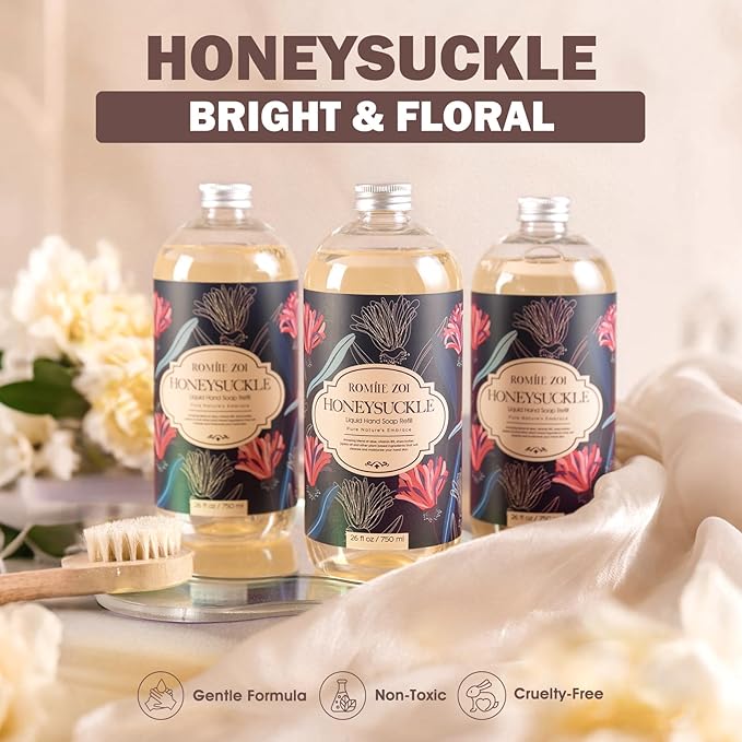 ROMIIE ZOI Liquid Hand Soap Refill Gift Set – Honeysuckle Scent, 3 Pack (26 Fl Oz Each), Cruelty-Free, Biodegradable & Gentle Formula for Sensitive Skin, Kitchen, Bathroom & Dispenser