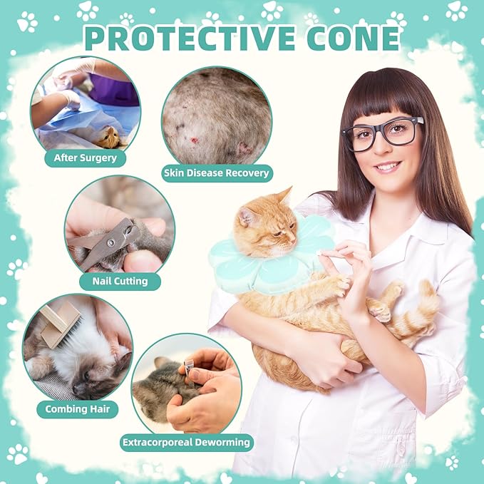 PUPTECK Cat Cone Collar Soft, Adjustable Protective Recovery Flower Collar Alternative, Comfortable Elizabethan Cat Collar Lightweight Stop Licking Neck Cone for Cats After Surgery, Blue, M