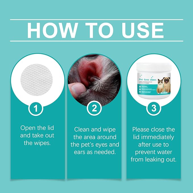 Pet Eye Wipes for Dogs & Cats, Tear Stain Remover for Dogs, Dog Ear Wipes, Cat Ear Cleaner, Non-Irritating, Remove Ear Wax and Dirt with Natural Ingredients - 60 Counts