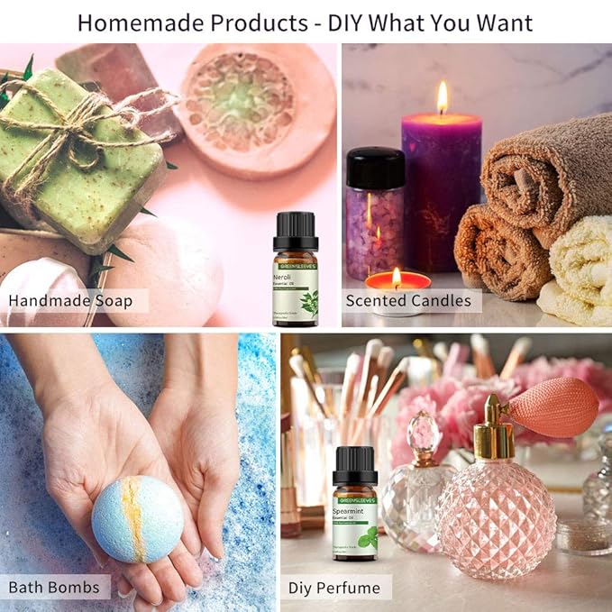 GREENSLEEVES Neroli Spearmint Essential Oil Set, 2 x 10ml Pure Plant-Based Fragrance Oil for Aromatherapy, Essential Oils for Diffuser, Massage, Bath Bomb, Scented Candle Soap Making