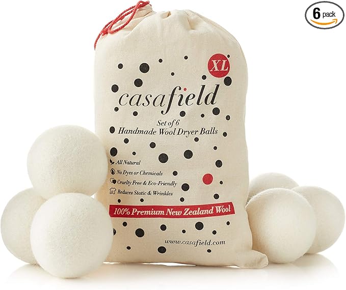 Casafield Wool Dryer Balls Set of 6, Extra Large Organic Handmade 100% New Zealand Wool, Natural Laundry Fabric Softener