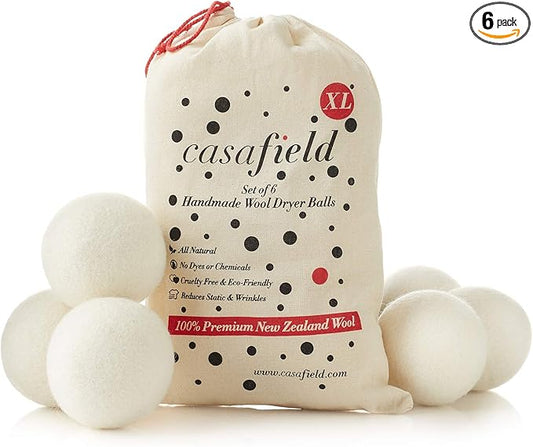 Casafield Wool Dryer Balls Set of 6, Extra Large Organic Handmade 100% New Zealand Wool, Natural Laundry Fabric Softener