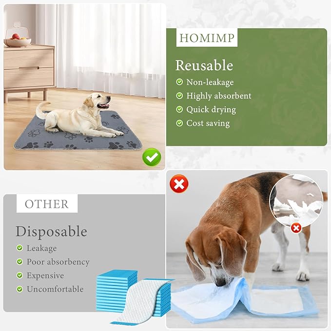 Homimp Washable Pee Pads for Dogs,4 Pack Reusable Puppy Pads,Absorbent and Leakproof Dog Pee Pads,Non Slip Puppy Training Pads,Pet Mat for Floor,Crate,Couch,Whelping,Grey 36"x36"