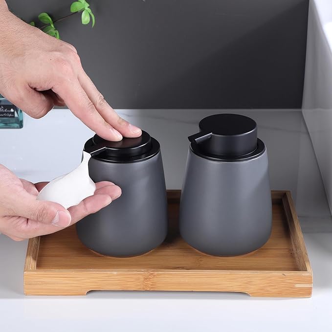 12Oz Grey Foaming Soap Dispenser - Ceramic Foam Hand Soap Dispenser Set with Easy-to-Press Pump, Refillable Liquid Dish Soap Dispensers for Bathroom and Kitchen, 2 Pack