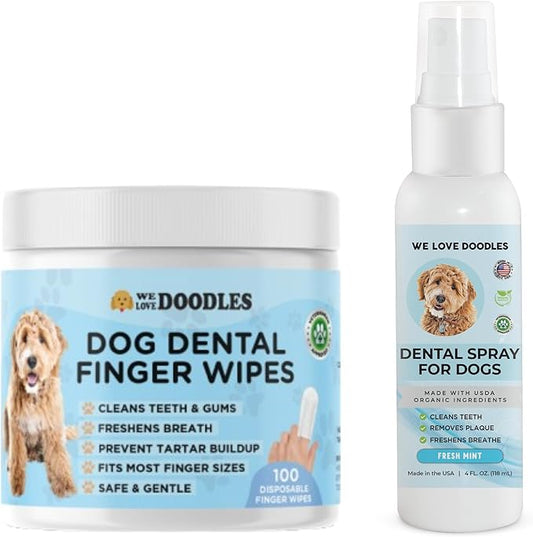 We Love Doodles 100pcs Dog Teeth Cleaning Wipes & Dog Dental Spray Bundle - Pet Dental Finger Wipes for Dogs, Natural Oral Care Dog for Healthy Teeth & Gums, Freshens Breath Spray