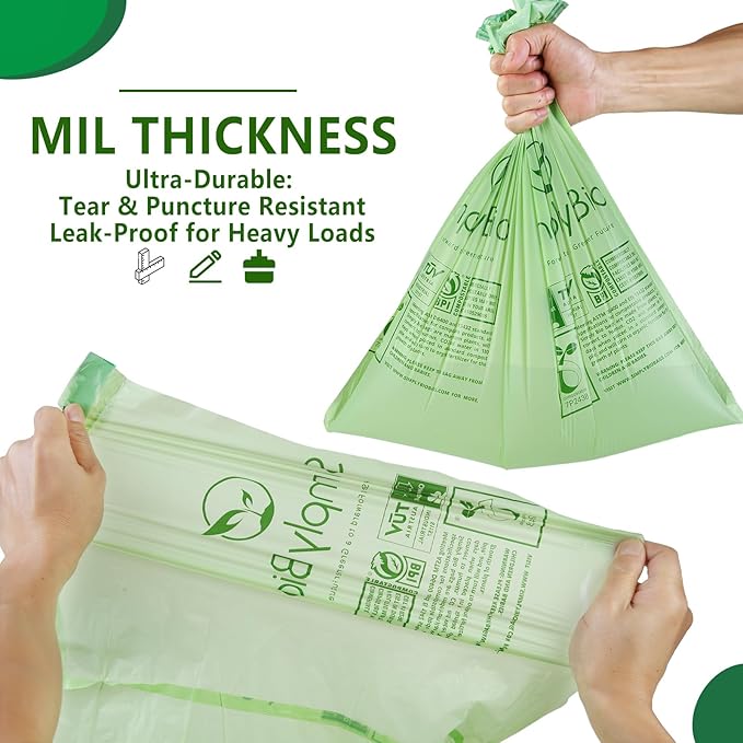 3 Gallon Compostable Trash Bags Drawstring, Heavy Duty Extra Thick 1 Mil, 11.36 Liter, 50 Bags, Small Kitchen Food Scrap Waste Bag, ASTM D6400, US BPI and OK Compost Home Certified