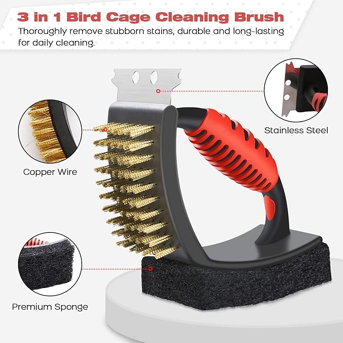 QBLEEV Bird Cage Cleaner, Stainless Steel Triangle Brush Set, Multi-Function Copper Bristle, Lightweight & Durable, Includes Cleaning Brush, Red