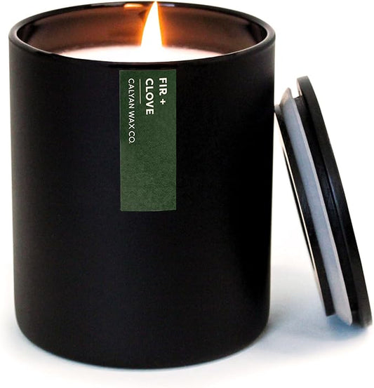 Calyan Wax Co. Soy Wax Candle, Fir + Clove Scented Candle, 75 Hour Burn Time, Aromatherapy Soy Candles, Non Toxic & Vegan Soy Wax, Black Tumbler Scented Candles, 10.2oz