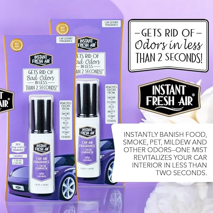 2-Pack: Dual-Action CAR AIR Freshener Lavender - Instantly Eliminates Odors from Smoke, Food, Pets, Must and more in 2 Seconds, For Commuters, Pet Owners, Rideshare Drivers,1.35 Oz - INSTANT FRESH AIR