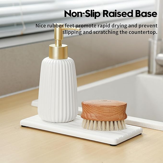 3 Pack Diatomite Stone Sink Tray, Water Absorbing Mat for Kitchen & Bathroom Counter, Quick Dry Soap Dish Makeup Vanity Caddy,Sponge Holder Organizer, White - 2pcs of 8"x 3.8" and 1pc of 3.8"x 3.8"