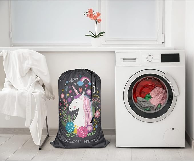 Swono Unicorn Are Real Extra Large Laundry Bag with Drawstring Closure 28"x40", Oxford Cloth, Rainbow Cartoon Fairy Star Floral for Home, Dorm and Apartment Dwellers, Magic Animal