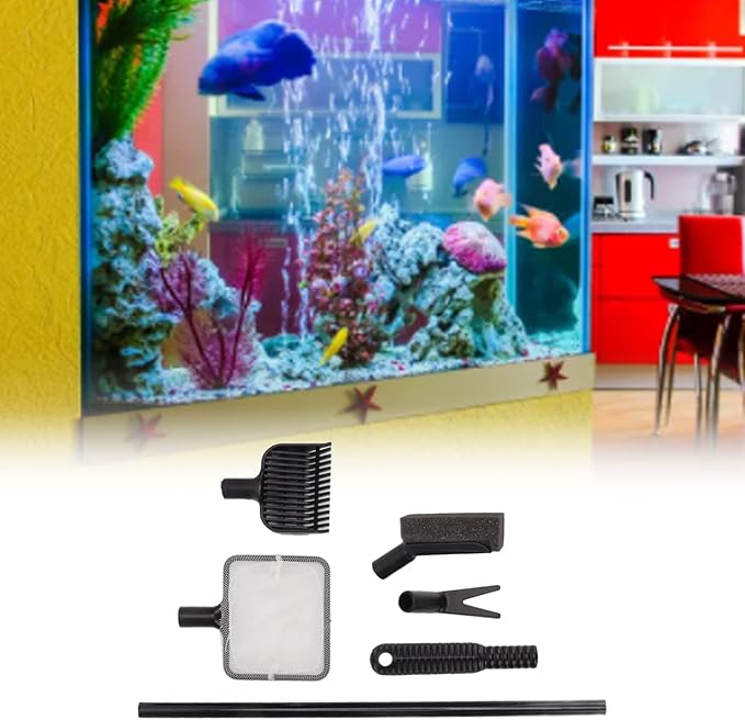 Fish Tank Cleaning Brush 4 in 1 Long Handle Aquarium Cleaning Kit Easy to Use Convenient for Mini Glass Tank with Extension Rod Gravel Rake Water Grass Clip Fishing Net
