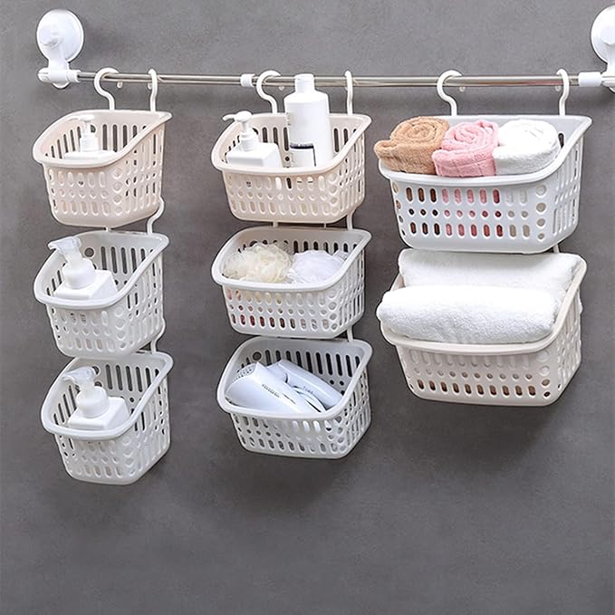 3PCS Plastic Hanging Baskets for Shower, Hanging Basket Organizer with Hooks, Rectangle 10.6Inches Small Hanging Storage Basket (Grey)