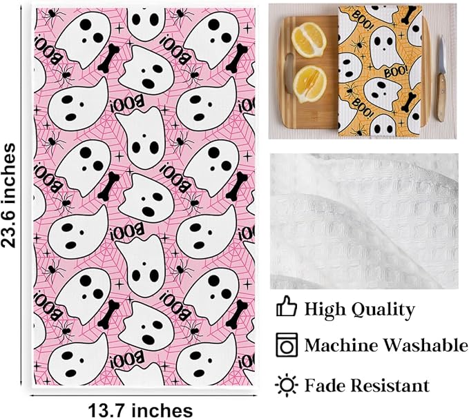 2 Pcs Cute Ghost Kitchen Towels, Halloween Themed Decorative Absorbent Microfiber Dish Cloth Tea Towel, Waffle Soft Hand Towels for Farmhouse Home Bathroom, Halloween Decor
