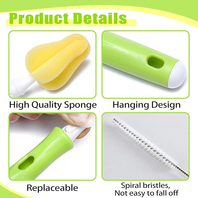 INVODA Nipple Brush 4PCS Sponge Bottle Brushes with 4 PCS Straw Brush Baby Bottle Nipple Cleaner Brush Long Handle Detachable Nipple Brushes (Yellow)