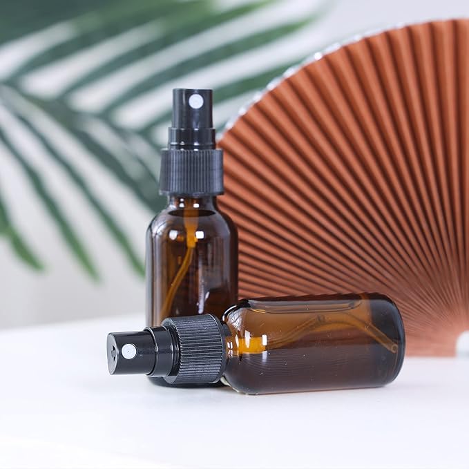 2oz Glass Spray Bottle, Fine Mist Boston Glass Bottles with Black Fine Mist Sprayer Small Clear Bottles for Essential Oils, Bath, Beauty, Hair & Cleaning, Amber, Pack of 24