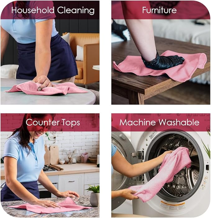 Avalon Towels Microfiber Cleaning Cloths (Value Pack of 36) Size 16" x 16", Highly Absorbent Cleaning Rags, Lint Free Cleaning Towels, Reusable and Washable, Microfiber Towels for Cars (Pink)
