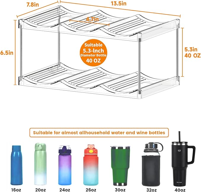Stackable Water Bottle Organizer for Cabinet,2 Pack Water Bottle Holder for Stanley Yeti 40 oz Bottle Shelf,Clear Tumbler Storage Organizer,Wine Rack,Cup Organizer for Kitchen Cabinets Counter Pantry