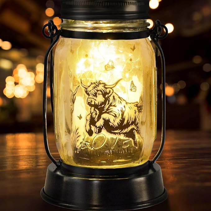 Highland Cow Gifts for Women/Men Highland Cattle Lovers Solar Lantern Mom Birthday, Mothers Day, Christmas Gifts, Solar Cow Garden Decoration Outside for Yard, Patio,Backyard,Porch, Torches