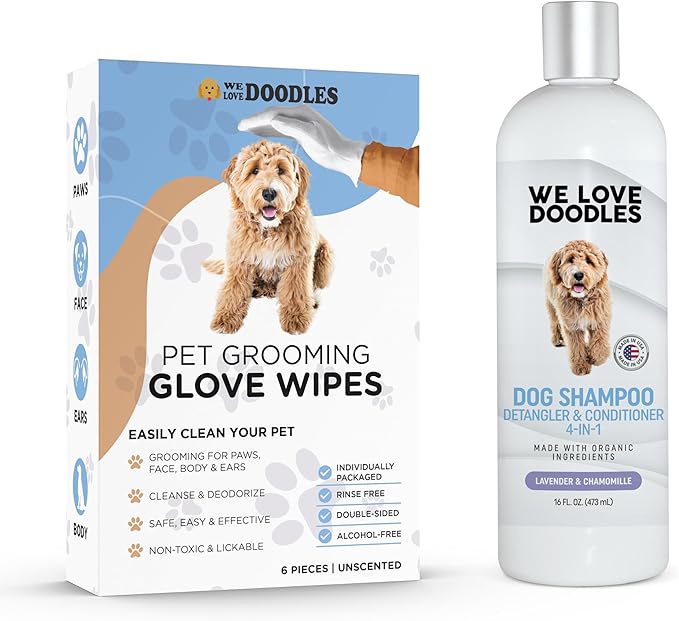 We Love Doodles Dog Gloves Wipes & Dog Shampoo Bundle - Pet Bathing Wipes for Dogs, Paws, Face, Body, Ears, Shampoo for Dogs Matted Pet Hair, Sensitive Skin Shampoo for Puppies