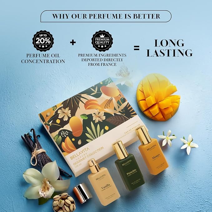 BELLAVITA Luxury Gourmand Perfume Gift Set for Men & Women | Treat Inspired Fruity Scent with Warm & Cozy Vanilla, Mango & Pistachio notes | Signature Sweet Scent | Gourmet Eau de Parfum