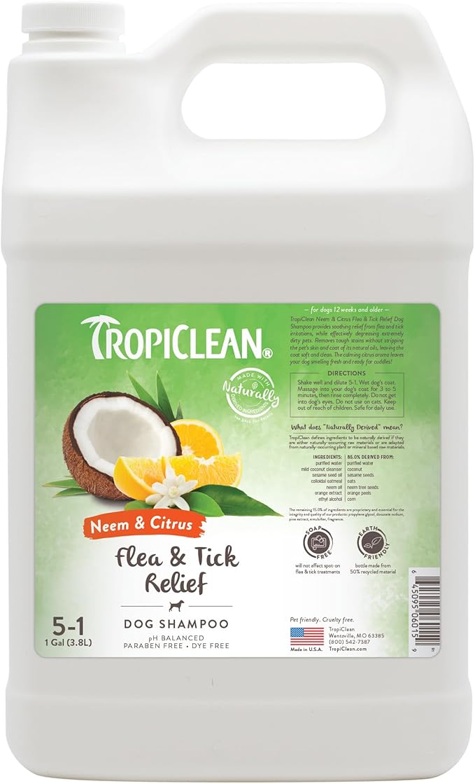 TropiClean Citrus Flea & Tick Shampoo for Dogs, Soothing Bite Relief, Fresh Citrus Scent, Made in The USA, 1 Gallon