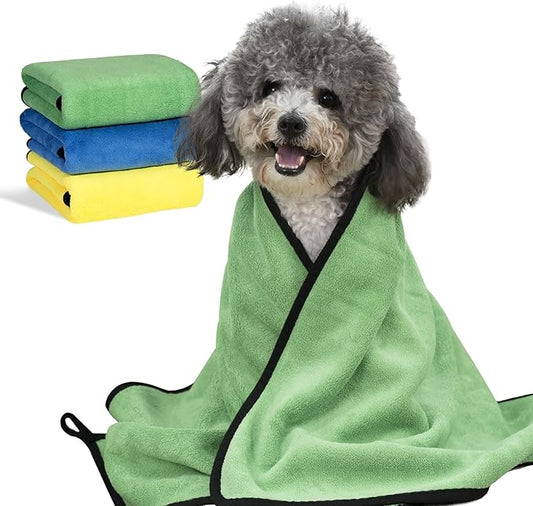 MICOOYO 3PCS Dog Towels for Drying, Super Absorbent Pet Grooming Towels, Quick Drying Dog Bath Towels for Puppy Cats (Green, Blue, Yellow, L)