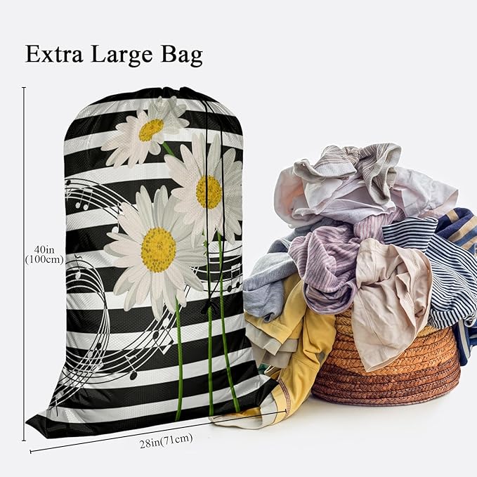 Swono Music Notes Storage Heavy Duty Basket Laundry Bag with Drawstring Daisies On Striped Bouquet Folding Organizer for Travel Washing Machine