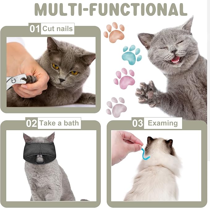 9 Pcs Cat Bathing Bag Set Cat Shower Bag Anti Bite and Scratch for Pet Grooming Washing Brush Comb Muzzle Nail Clipper Nail File Tick Tool(Blue, Gray)