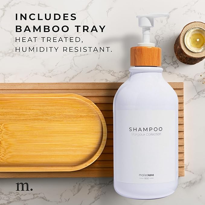 Maisonovo Plastic Soap Dispenser Set | Hand Soap and Dish Soap Dispenser Set | 16.9oz Amber Bottles with Black Bamboo Pump | Bathroom Lotion Dispenser with Pump Set of 2