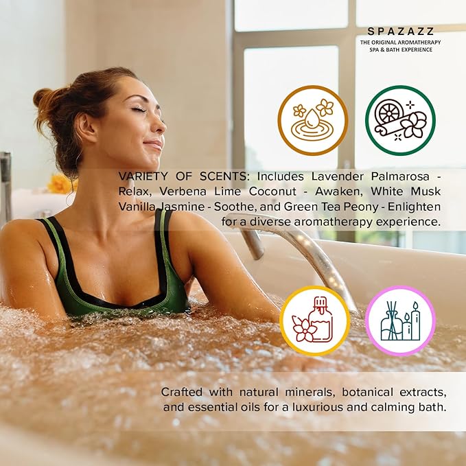 Hot Tub & Spa Bath Salt Aromatherapy Crystals Gift Set - Spazazz Escape Collection Bundle 4-Pack (22oz Each) - Lavender Palmarosa, Verbena Lime Coconut, Green Tea Peony, White Musk Vanilla Jasmine