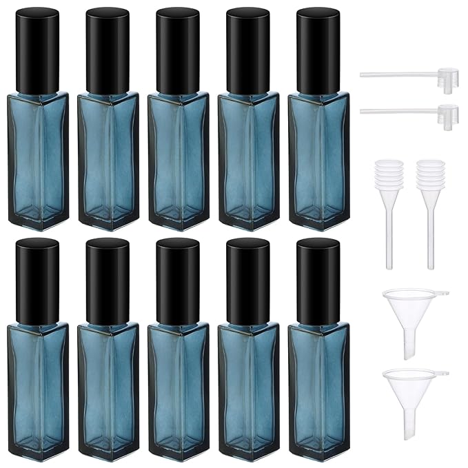 Segbeauty Refillable Perfume Bottles, Set of 10 Glass Mini Perfume Atomizer with Lid, 10ML Travel Small Toiletries Sample Bottle Fine Mist Sprayer, Square Pump Dispensing Containers Perfume Making Kit