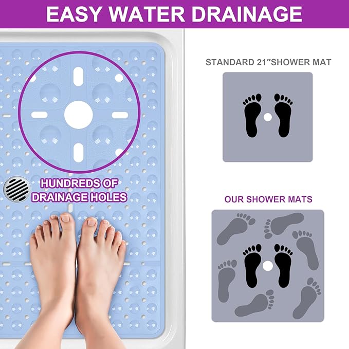 Reetual XL Shower Mat Non Slip - 27x27 Bath Mat for Shower Stall or Large Bathtub Mat with 240 Powerful Suction Cups and Drain Holes. Black Shower Mats for Bathroom (Blue Aqua)